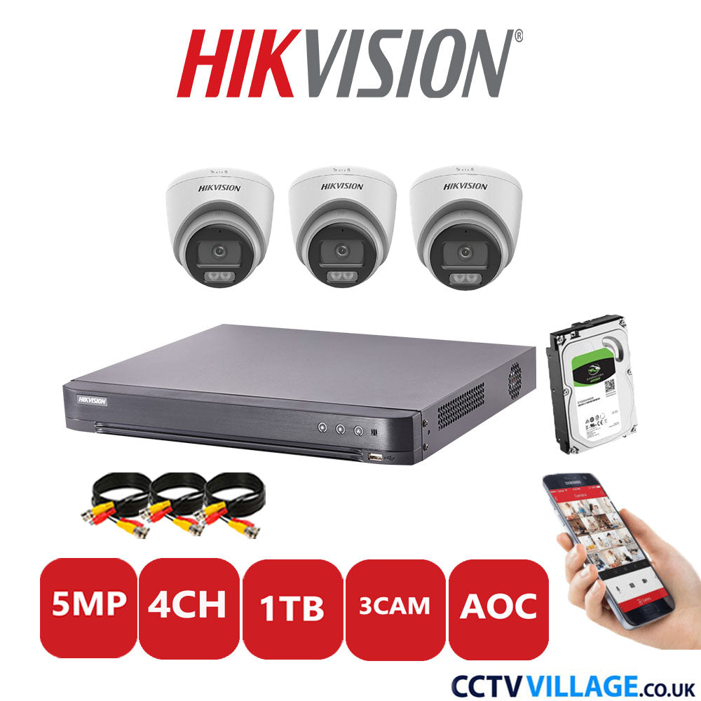 Hikvision 5MP CCTV Kit 4 Channel DVR-iDS-7204HQHI-K1/2S with 3x Turret Cameras DS-2CE72KF0T-LFS White 1TB HDD Full Kit