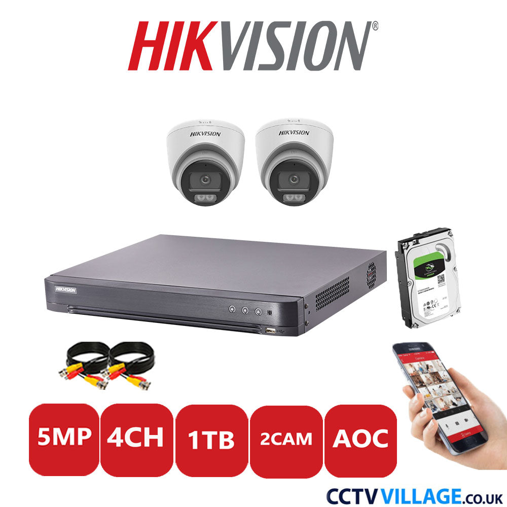 Hikvision 5MP CCTV Kit 4 Channel DVR-iDS-7204HQHI-K1/2S with 2x Turret Cameras DS-2CE72KF0T-LFS White 1TB HDD Full Kit