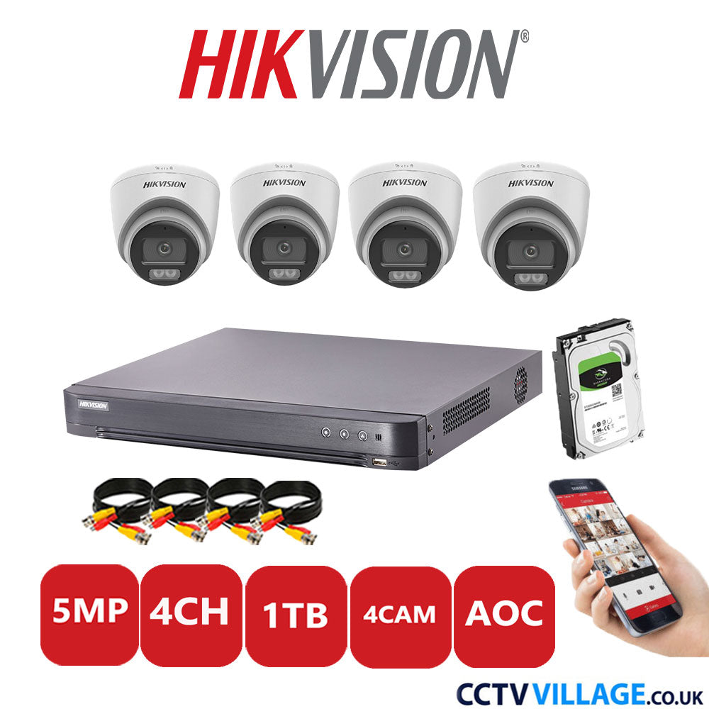 Hikvision 5MP CCTV Kit 4 Channel DVR-iDS-7204HQHI-K1/2S with 4x Turret Cameras DS-2CE72KF0T-LFS White 1TB HDD Full Kit