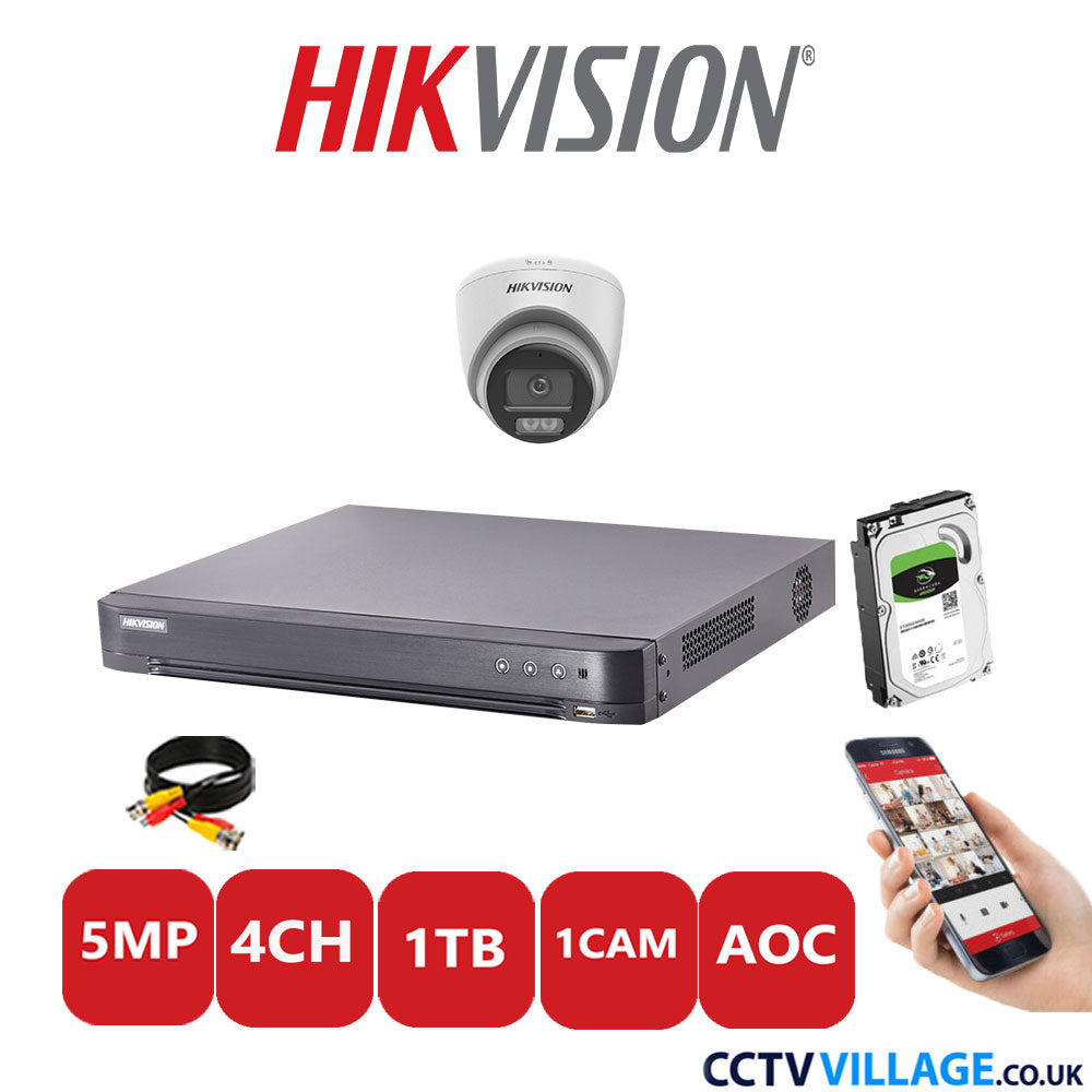 Hikvision 5MP CCTV Kit 4 Channel DVR-iDS-7204HQHI-K1/2S with 1x Turret Camera DS-2CE72KF0T-LFS White 1TB HDD Full Kit