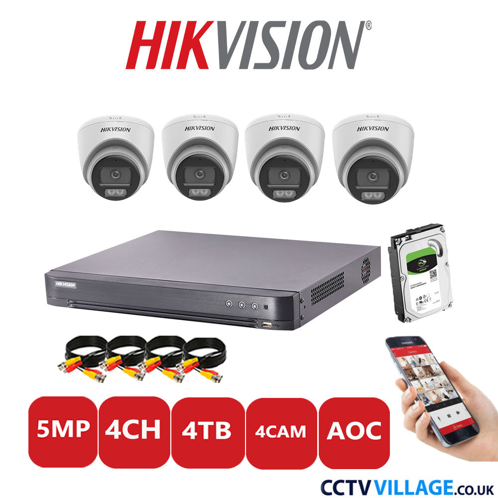 Hikvision 5MP CCTV Kit 4 Channel DVR-iDS-7204HQHI-K1/2S with 4x Turret Cameras DS-2CE72KF0T-LFS White 4TB HDD Full Kit