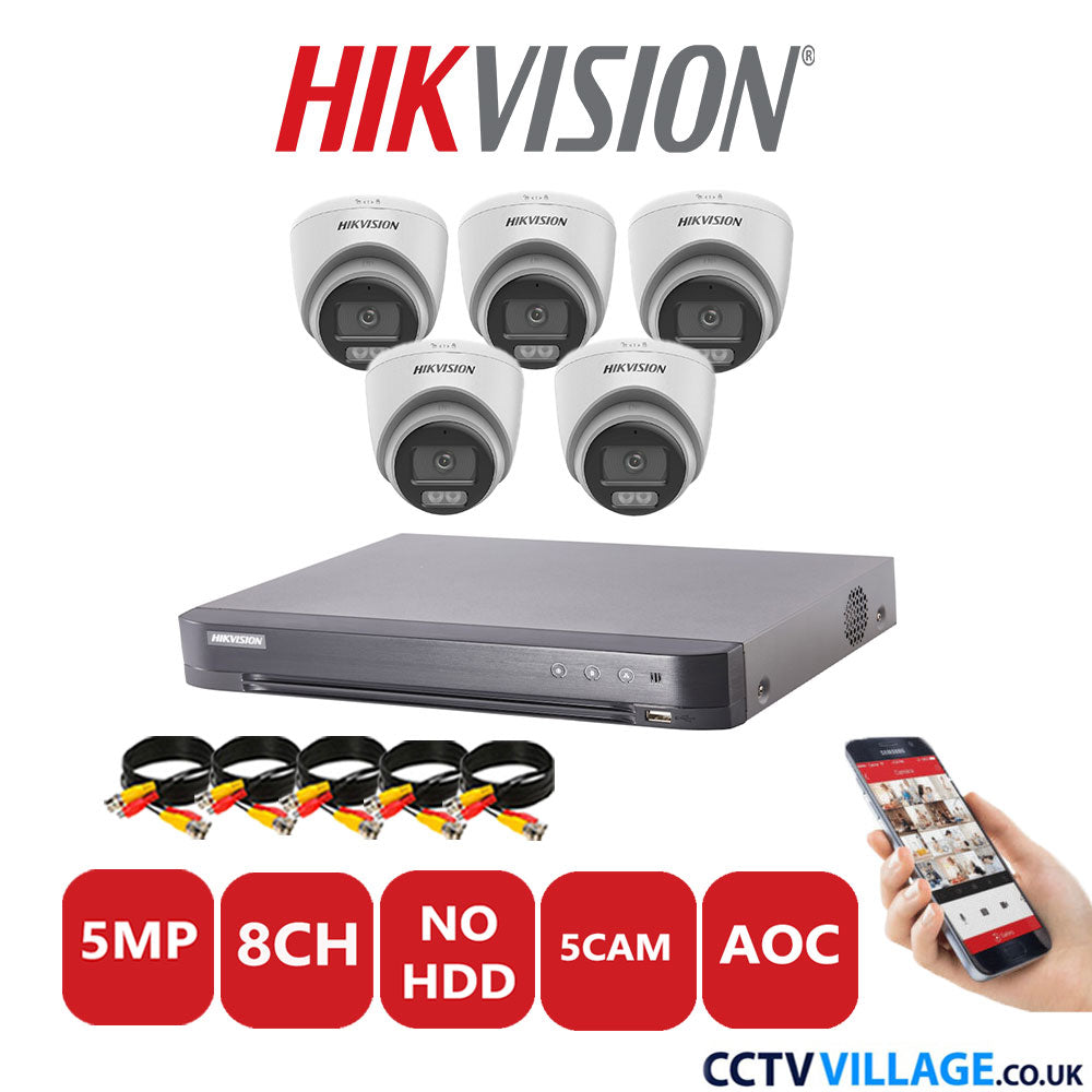 Hikvision 5MP CCTV Kit 8 Channel DVR-iDS-7208HQHI-K1/4S with 5x Turret Cameras DS-2CE72KF0T-LFS White No HDD Full Kit