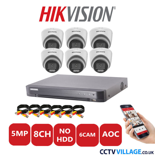 Hikvision 5MP CCTV Kit 8 Channel DVR-iDS-7208HQHI-K1/4S with 6x Turret Cameras DS-2CE72KF0T-LFS White No HDD Full Kit