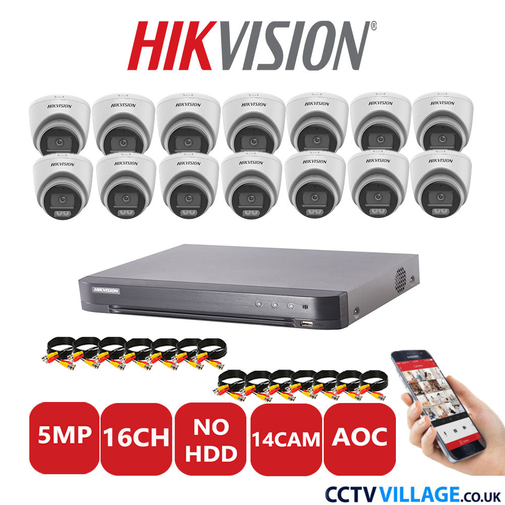 Hikvision 5MP CCTV Kit 16 Channel DVR-iDS-7216HQHI-K1/4S with 14 Turret Cameras DS-2CE72KF0T-LFS White No HDD Full Kit