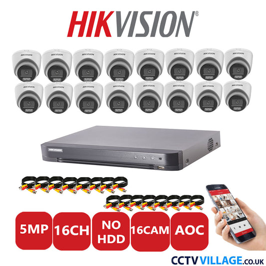 Hikvision 5MP CCTV Kit 16 Channel DVR-iDS-7216HQHI-K1/4S with 16 Turret Cameras DS-2CE72KF0T-LFS White No HDD Full Kit