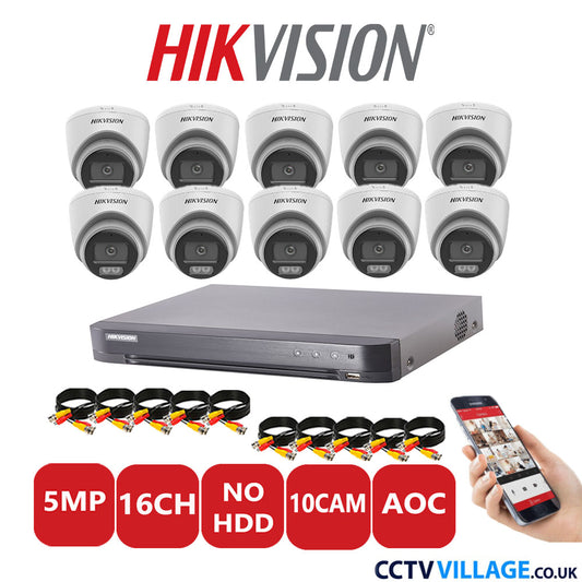 Hikvision 5MP CCTV Kit 16 Channel DVR-iDS-7216HQHI-K1/4S with 10 Turret Cameras DS-2CE72KF0T-LFS White No HDD Full Kit