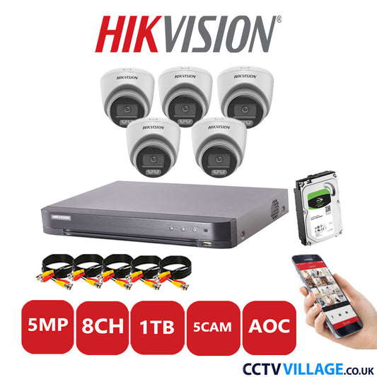 Hikvision 5MP CCTV Kit 8 Channel DVR-iDS-7208HQHI-K1/4S with 5x Turret Cameras DS-2CE72KF0T-LFS White 1TB HDD Full Kit