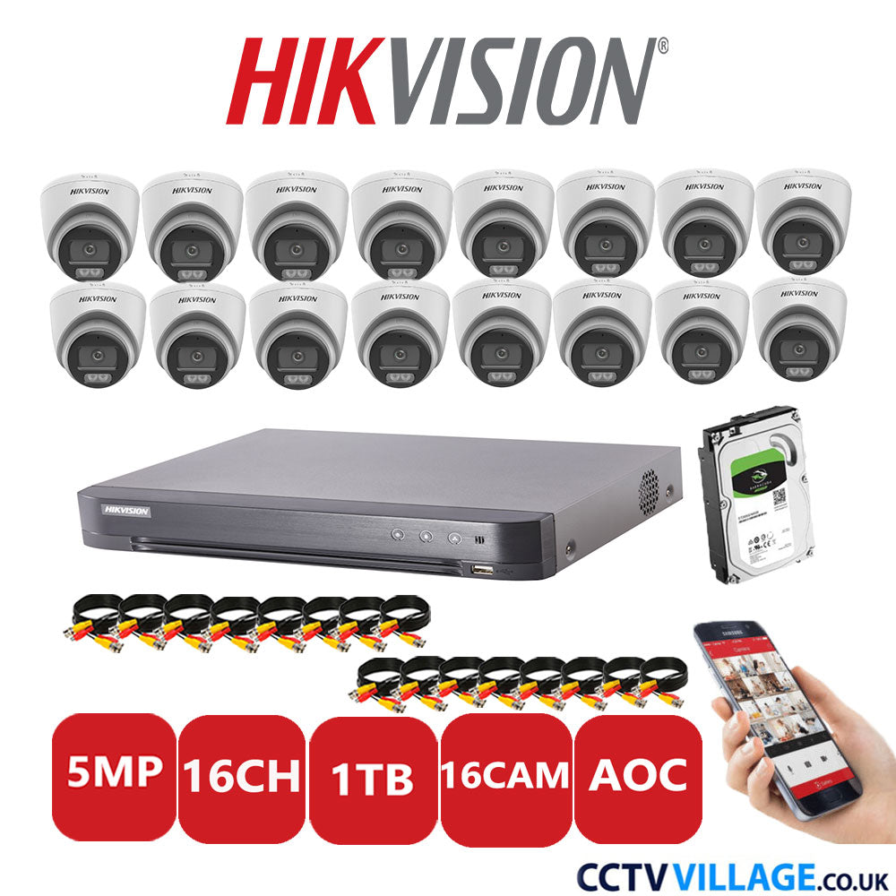 Hikvision 5MP CCTV Kit 16 Channel DVR-iDS-7216HQHI-K1/4S with 16 Turret Cameras DS-2CE72KF0T-LFS White 1TB HDD Full Kit