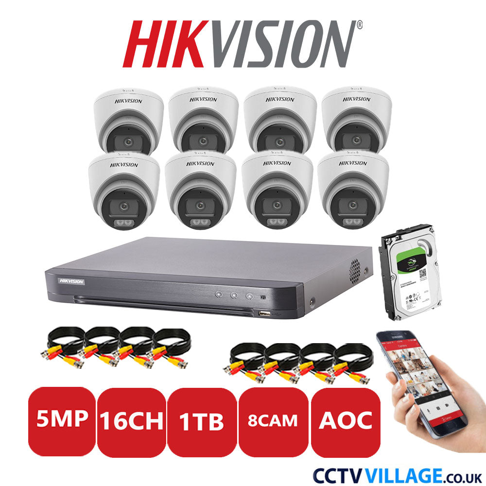 Hikvision 5MP CCTV Kit 16 Channel DVR-iDS-7216HQHI-K1/4S with 8 Turret Cameras DS-2CE72KF0T-LFS White 1TB HDD Full Kit