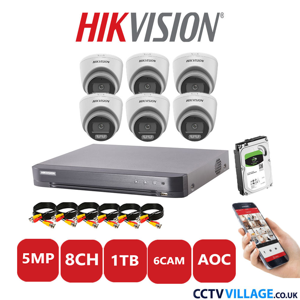 Hikvision 5MP CCTV Kit 8 Channel DVR-iDS-7208HQHI-K1/4S with 6x Turret Cameras DS-2CE72KF0T-LFS White 1TB HDD Full Kit