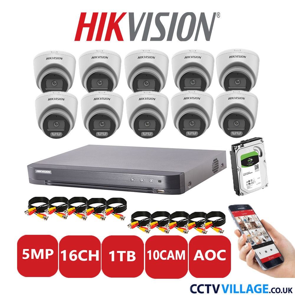 Hikvision 5MP CCTV Kit 16 Channel DVR-iDS-7216HQHI-K1/4S with 10 Turret Cameras DS-2CE72KF0T-LFS White 1TB HDD Full Kit