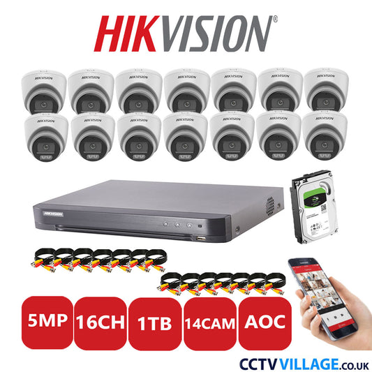 Hikvision 5MP CCTV Kit 16 Channel DVR-iDS-7216HQHI-K1/4S with 14 Turret Cameras DS-2CE72KF0T-LFS White 1TB HDD Full Kit