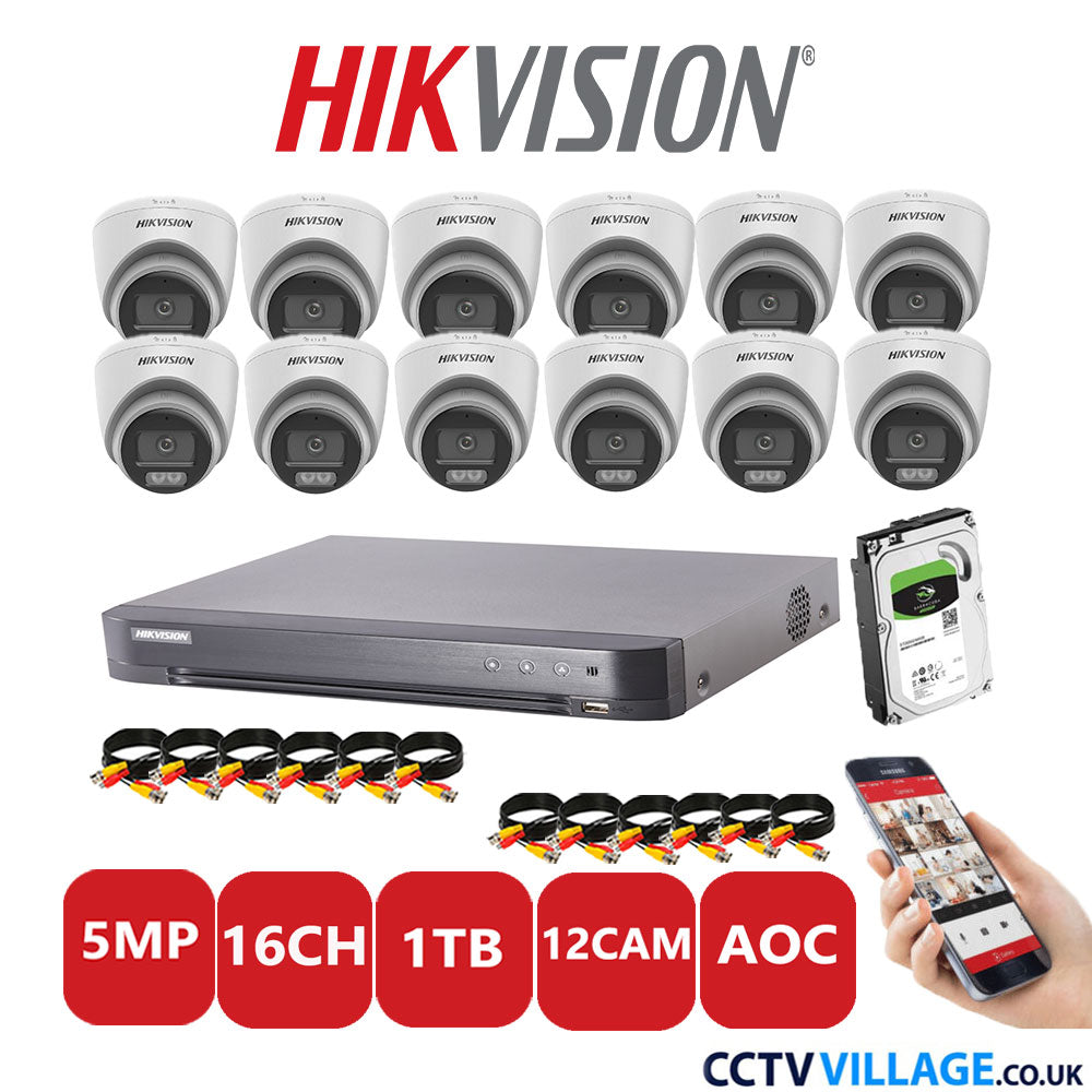 Hikvision 5MP CCTV Kit 16 Channel DVR-iDS-7216HQHI-K1/4S with 12 Turret Cameras DS-2CE72KF0T-LFS White 1TB HDD Full Kit