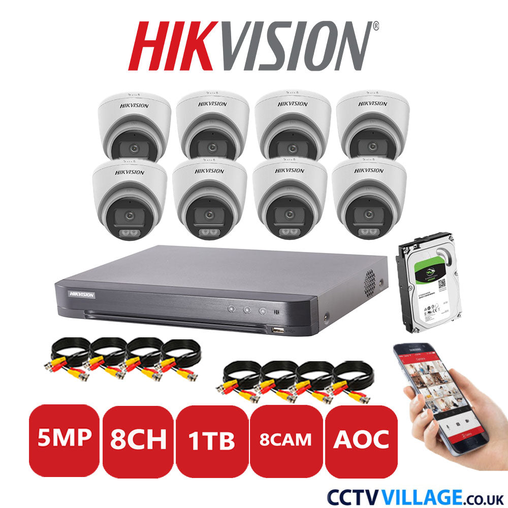 Hikvision 5MP CCTV Kit 8 Channel DVR-iDS-7208HQHI-K1/4S with 8x Turret Cameras DS-2CE72KF0T-LFS White 1TB HDD Full Kit