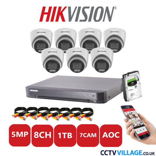 Hikvision 5MP CCTV Kit 8 Channel DVR-iDS-7208HQHI-K1/4S with 7x Turret Cameras DS-2CE72KF0T-LFS White 1TB HDD Full Kit