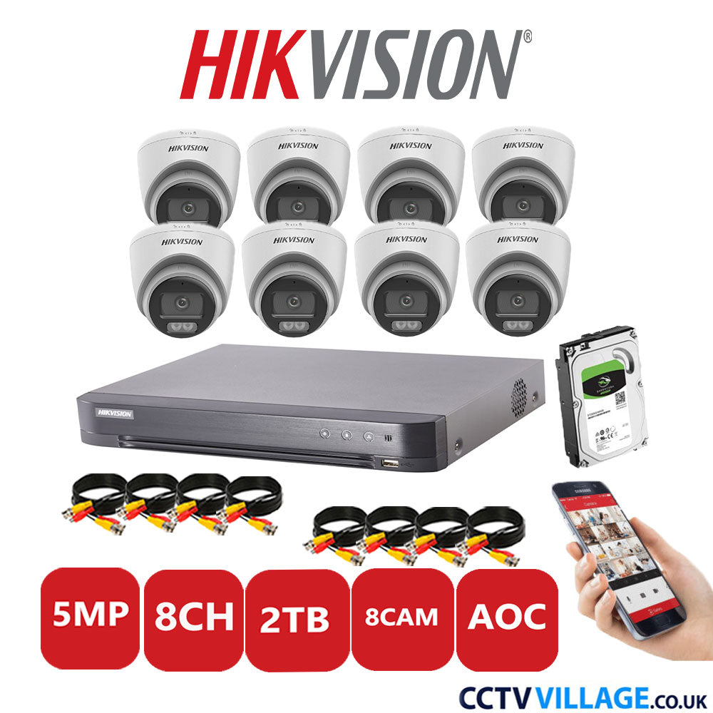 Hikvision 5MP CCTV Kit 8 Channel DVR-iDS-7208HQHI-K1/4S with 8x Turret Cameras DS-2CE72KF0T-LFS White 2TB HDD Full Kit