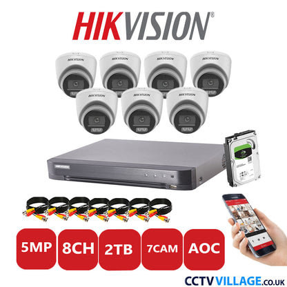 Hikvision 5MP CCTV System 8 Channel DVR-iDS-7208HQHI-K1/4S with 7x Turret Cameras DS-2CE72KF0T-LFS White 2TB HDD Full Kit