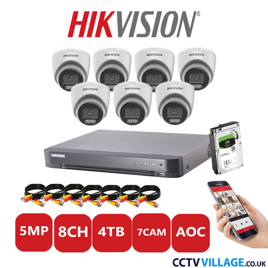 Hikvision 5MP CCTV Kit 8 Channel DVR-iDS-7208HQHI-K1/4S with 7x Turret Cameras DS-2CE72KF0T-LFS White 4TB HDD Full Kit