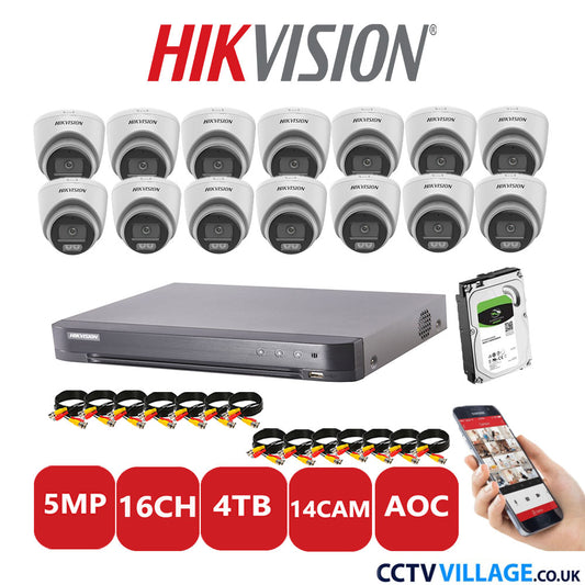 Hikvision 5MP CCTV Kit 16 Channel DVR-iDS-7216HQHI-K1/4S with 14 Turret Cameras DS-2CE72KF0T-LFS White 4TB HDD Full Kit