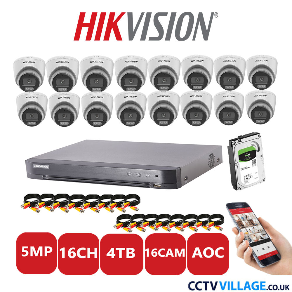 Hikvision 5MP CCTV Kit 16 Channel DVR-iDS-7216HQHI-K1/4S with 16 Turret Cameras DS-2CE72KF0T-LFS White 4TB HDD Full Kit