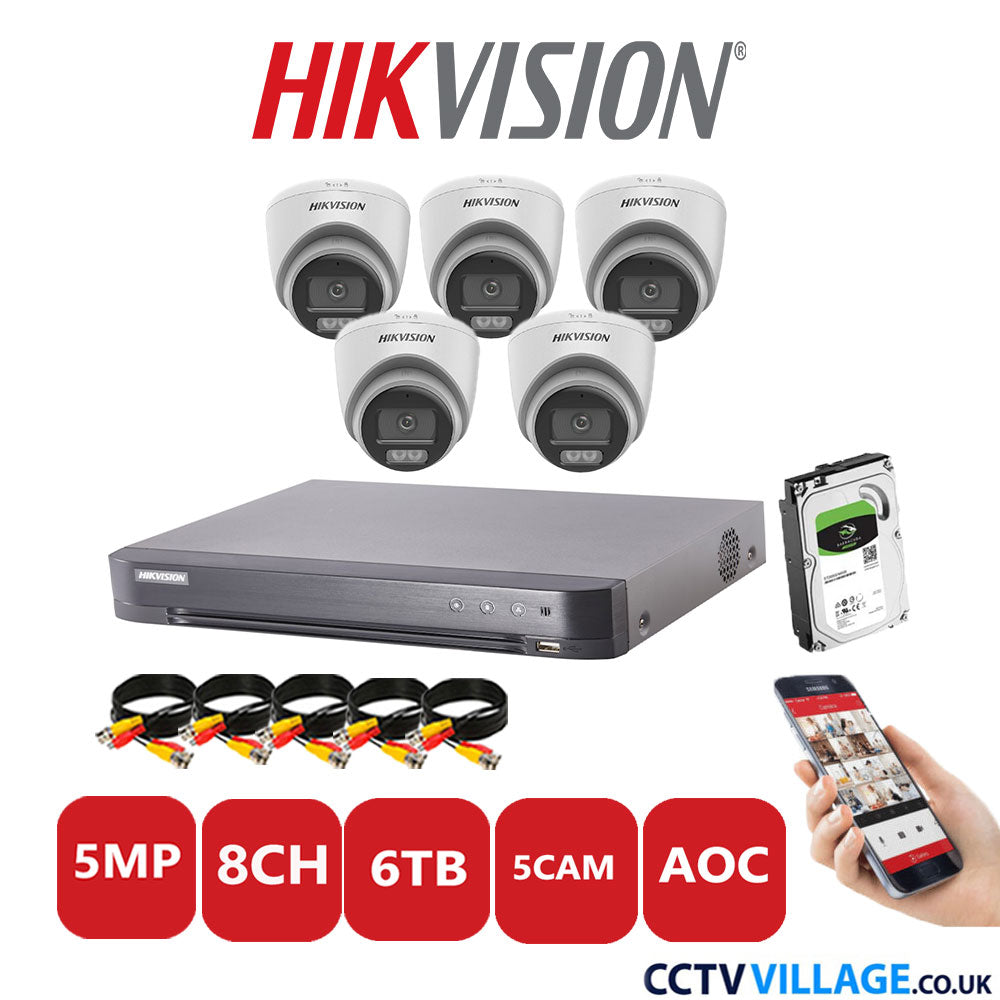 Hikvision 5MP CCTV Kit 8 Channel DVR-iDS-7208HQHI-K1/4S with 5x Turret Cameras DS-2CE72KF0T-LFS White 6TB HDD Full Kit