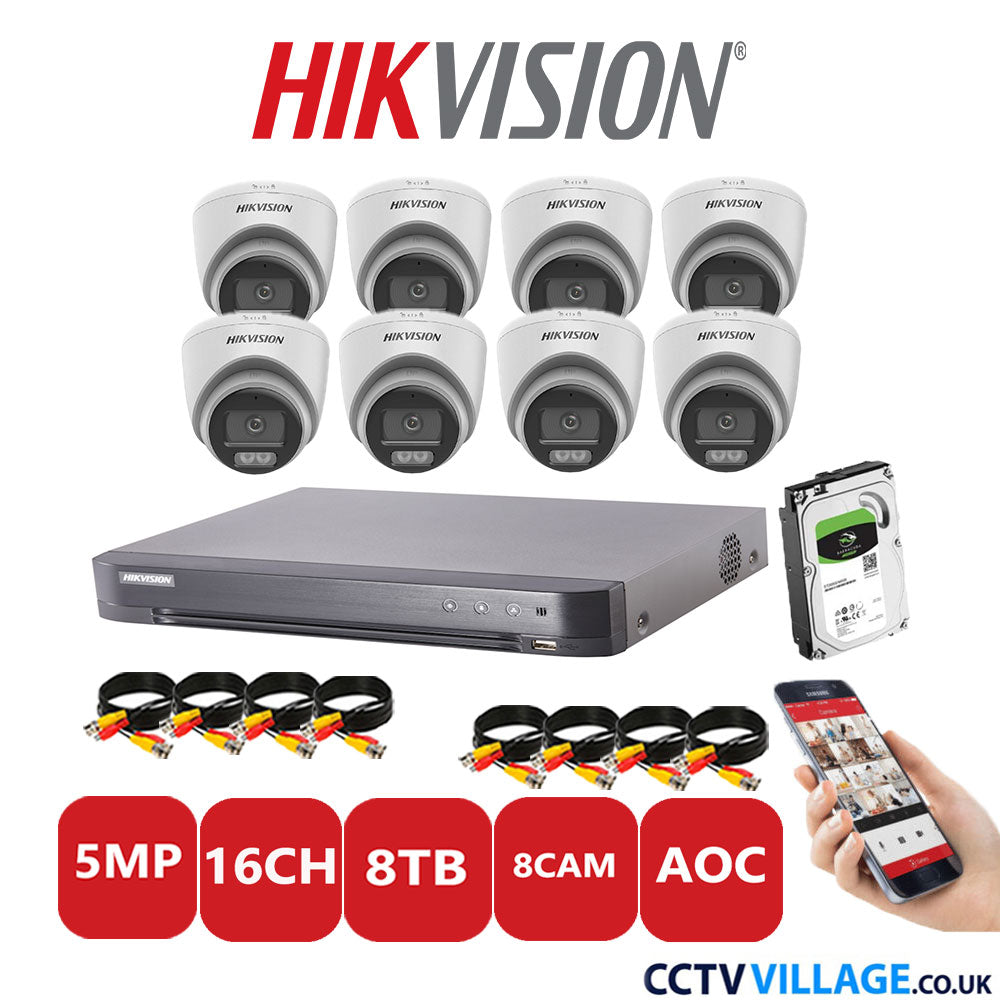 Hikvision 5MP CCTV Kit 16 Channel DVR-iDS-7216HQHI-K1/4S with 8 Turret Cameras DS-2CE72KF0T-LFS White 8TB HDD Full Kit