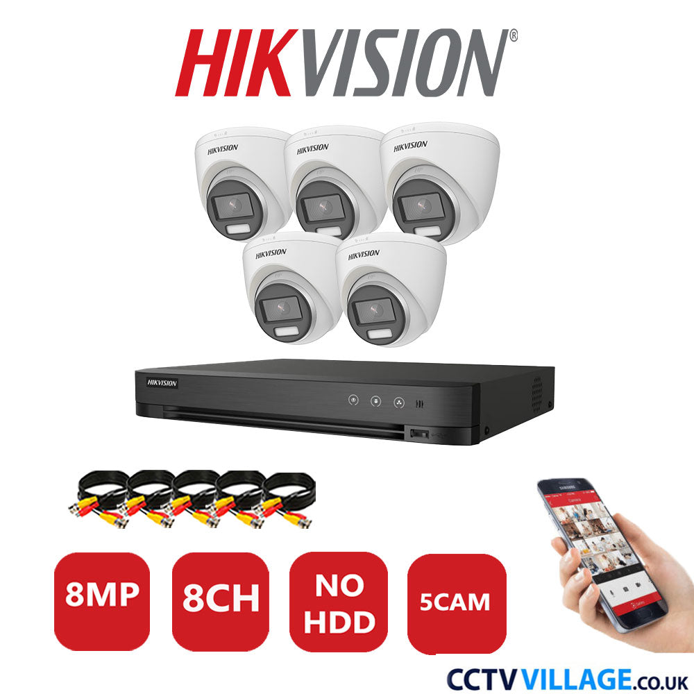 Hikvision 8MP CCTV Kit 8 Channel DVR-iDS-7208HUHI-M1/S with 5x Turret Cameras DS-2CE72UF3T-E White No HDD Full Kit