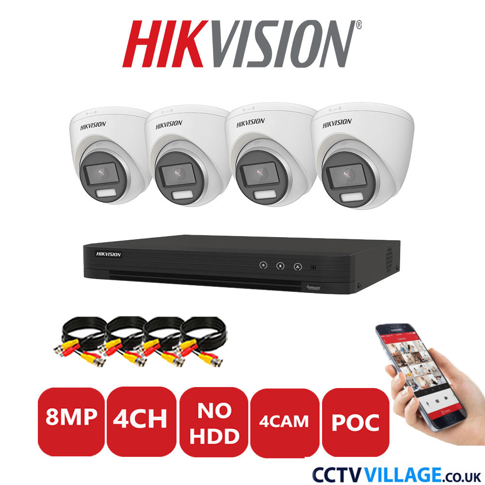 Hikvision 8MP CCTV Kit 4 Channel DVR-iDS-7204HUHI-M1/S with 4x Turret Cameras DS-2CE72UF3T-E White No HDD Full Kit