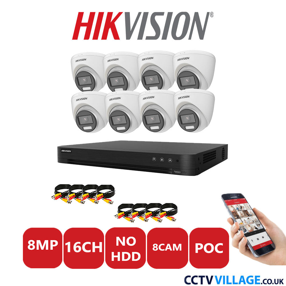 Hikvision 8MP CCTV System 16 Channel DVR-iDS-7216HUHI-M2/S with 8x Turret Cameras DS-2CE72UF3T-E White No HDD Full Kit