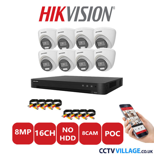 Hikvision 8MP CCTV Kit 16 Channel DVR-iDS-7216HUHI-M2/S with 8x Turret Cameras DS-2CE72UF3T-E White No HDD Full Kit