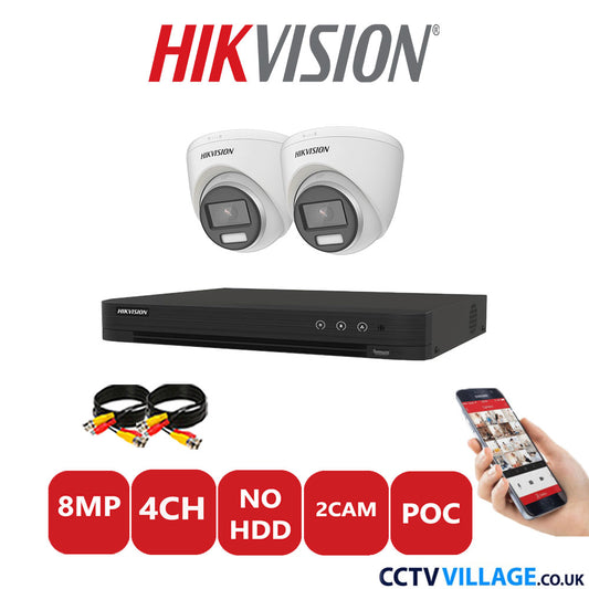 Hikvision 8MP CCTV Kit 4 Channel DVR-iDS-7204HUHI-M1/S with 2x Turret Cameras DS-2CE72UF3T-E White No HDD Full Kit