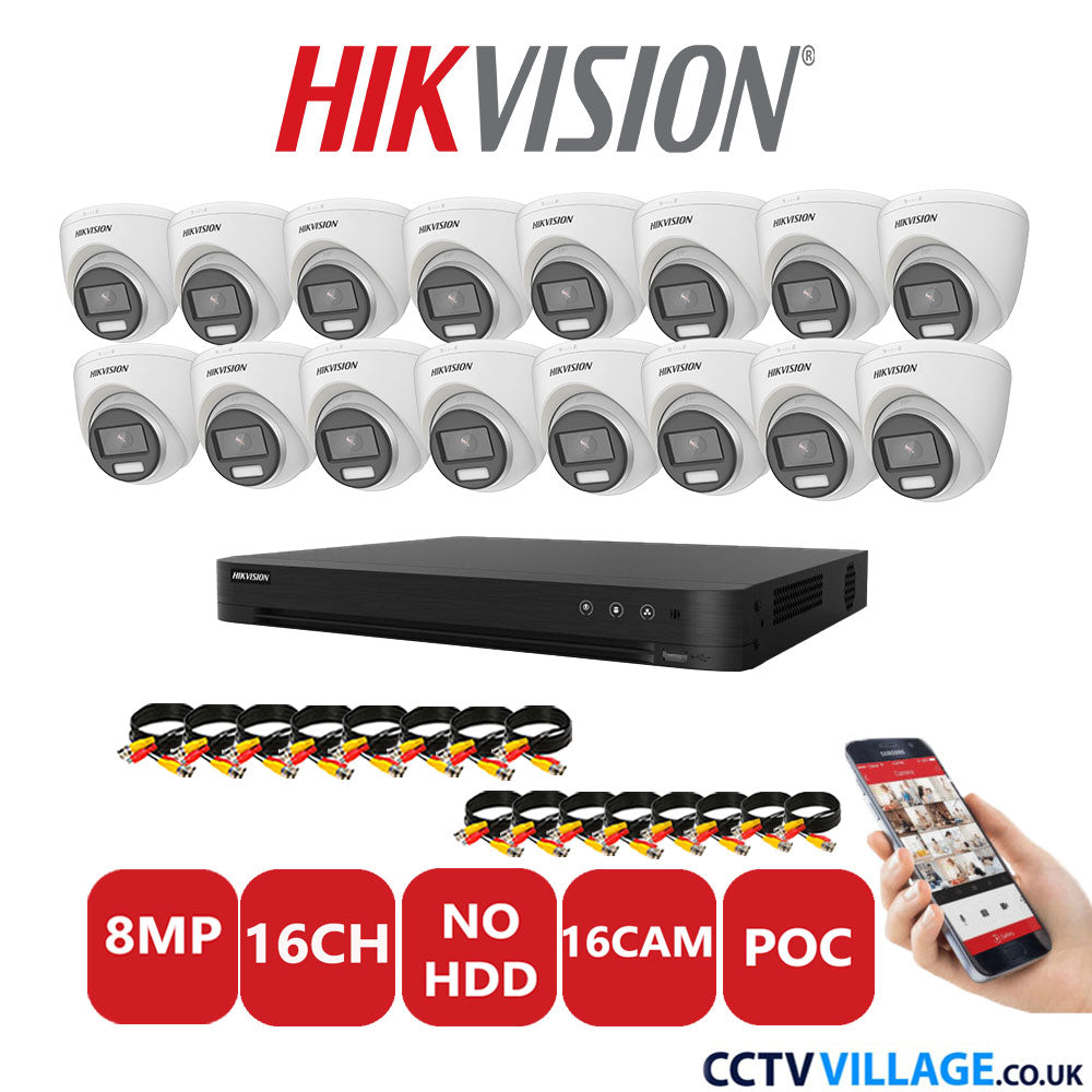 Hikvision 8MP CCTV Kit 16 Channel DVR-iDS-7216HUHI-M2/S with 16x Turret Cameras DS-2CE72UF3T-E White No HDD Full Kit