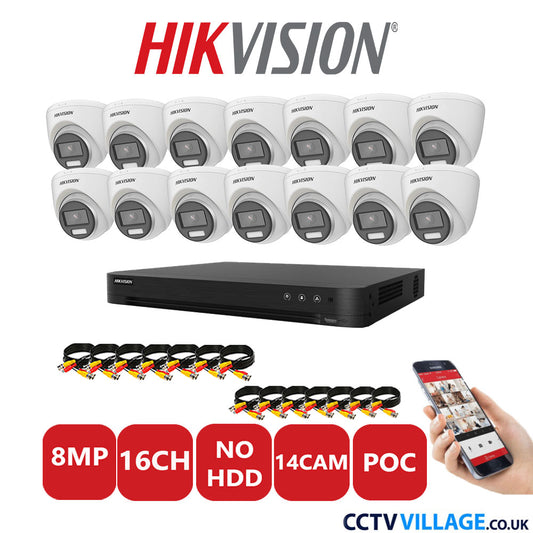 Hikvision 8MP CCTV Kit 16 Channel DVR-iDS-7216HUHI-M2/S with 14x Turret Cameras DS-2CE72UF3T-E White No HDD Full Kit