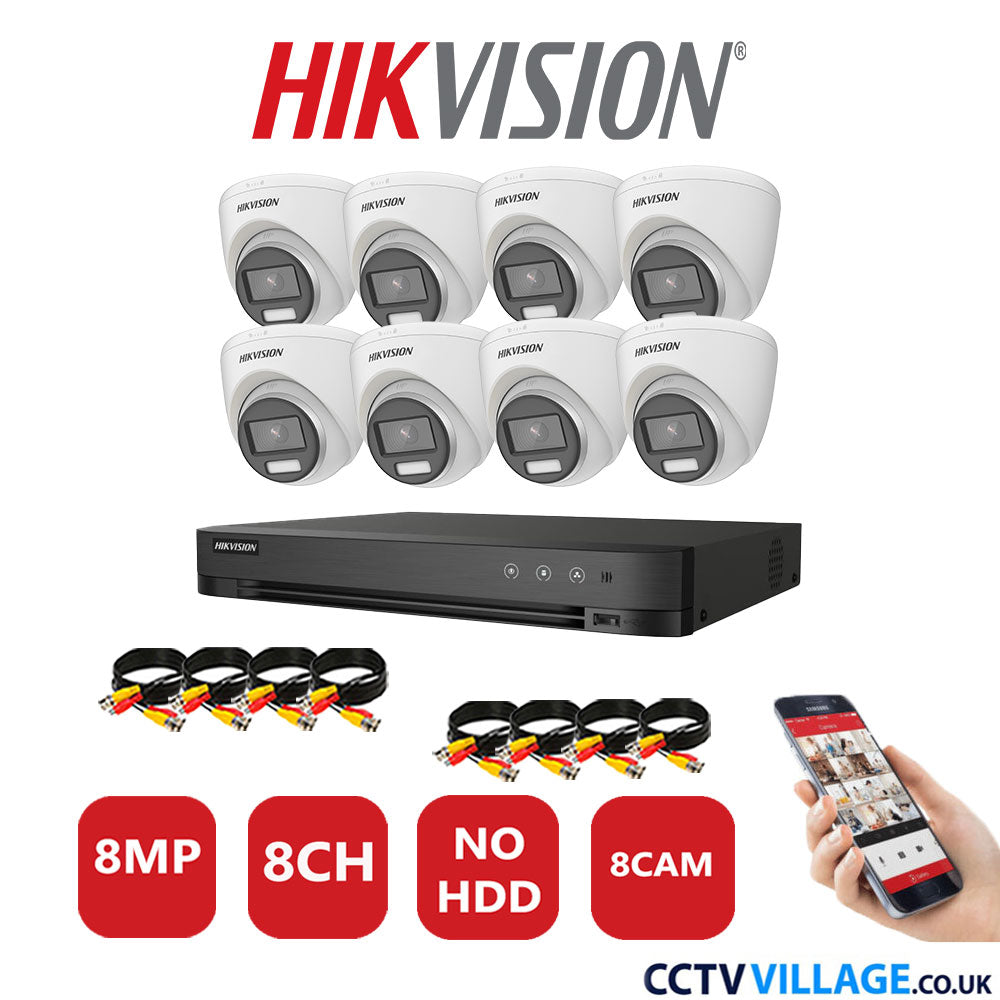 Hikvision 8MP CCTV System 8 Channel DVR-iDS-7208HUHI-M1/S with 8x Turret Cameras DS-2CE72UF3T-E White No HDD Full Kit