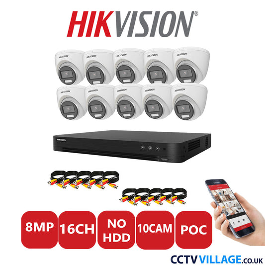 Hikvision 8MP CCTV Kit 16 Channel DVR-iDS-7216HUHI-M2/S with 10x Turret Cameras DS-2CE72UF3T-E White No HDD Full Kit