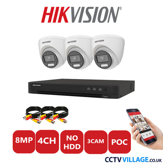 Hikvision 8MP CCTV Kit 4 Channel DVR-iDS-7204HUHI-M1/S with 3x Turret Cameras DS-2CE72UF3T-E White No HDD Full Kit