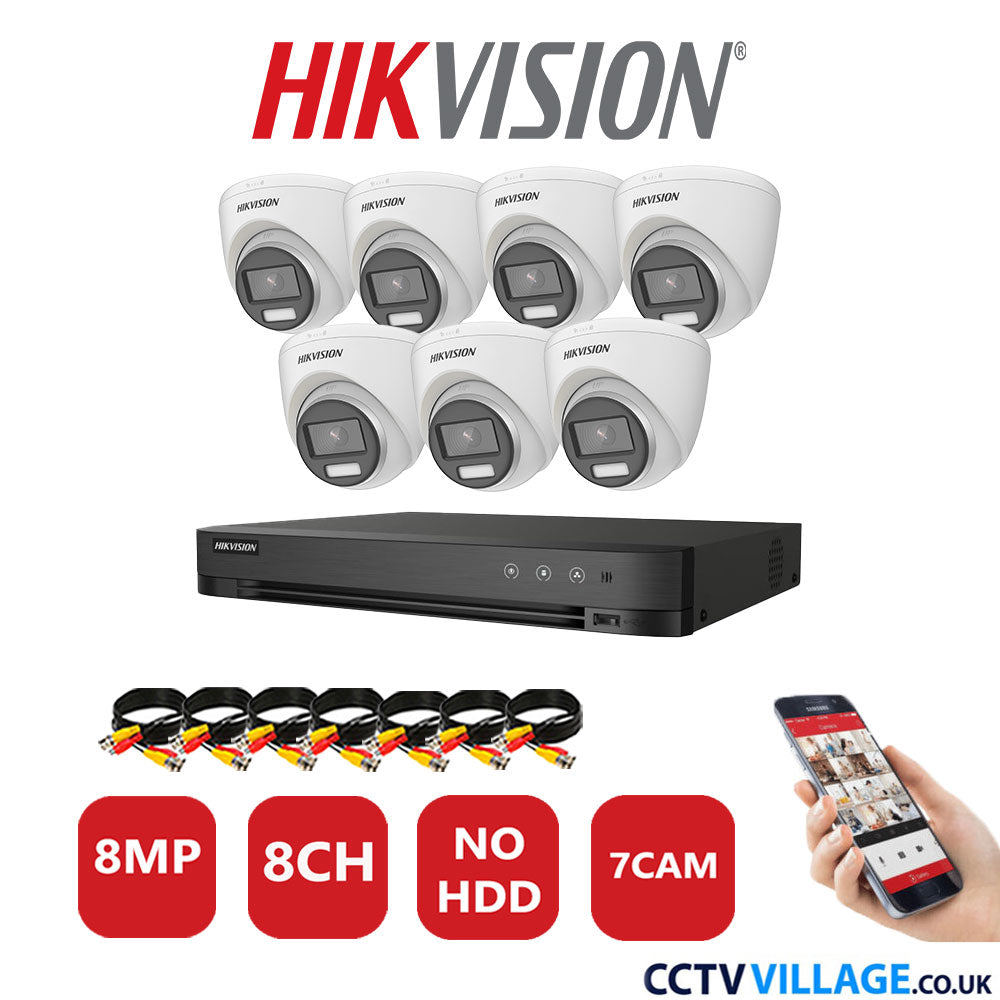 Hikvision 8MP CCTV System 8 Channel DVR-iDS-7208HUHI-M1/S with 7x Turret Cameras DS-2CE72UF3T-E White No HDD Full Kit