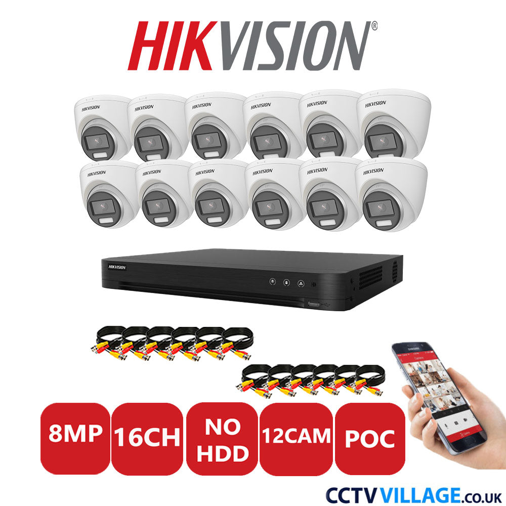 Hikvision 8MP CCTV Kit 16 Channel DVR-iDS-7216HUHI-M2/S with 12x Turret Cameras DS-2CE72UF3T-E White No HDD Full Kit