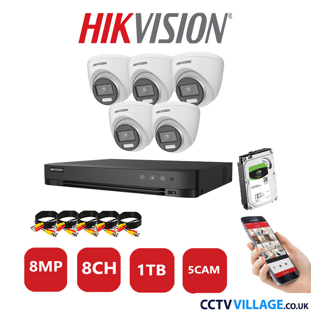 Hikvision 8MP CCTV System 8 Channel DVR-iDS-7208HUHI-M1/S with 5x Turret Cameras DS-2CE72UF3T-E White 1TB HDD Full Kit