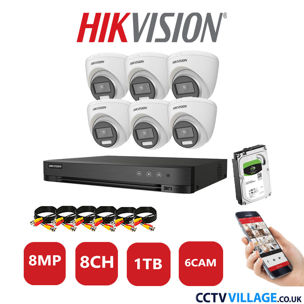 Hikvision 8MP CCTV System 8 Channel DVR-iDS-7208HUHI-M1/S with 6x Turret Cameras DS-2CE72UF3T-E White 1TB HDD Full Kit