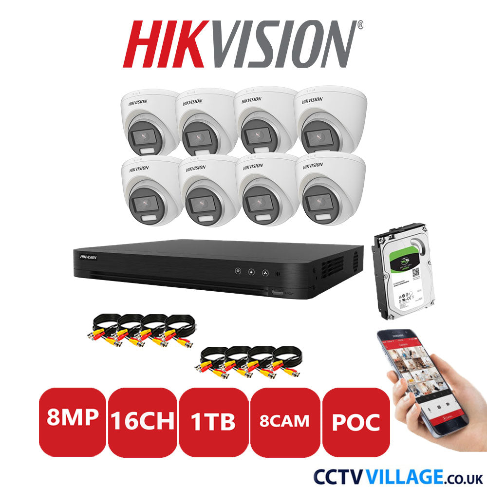 Hikvision 8MP CCTV Kit 16 Channel DVR-iDS-7216HUHI-M2/S with 8x Turret Cameras DS-2CE72UF3T-E White 1TB HDD Full Kit