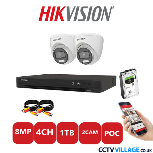 Hikvision 8MP CCTV Kit 4 Channel DVR-iDS-7204HUHI-M1/S with 2x Turret Cameras DS-2CE72UF3T-E White 1TB HDD Full Kit