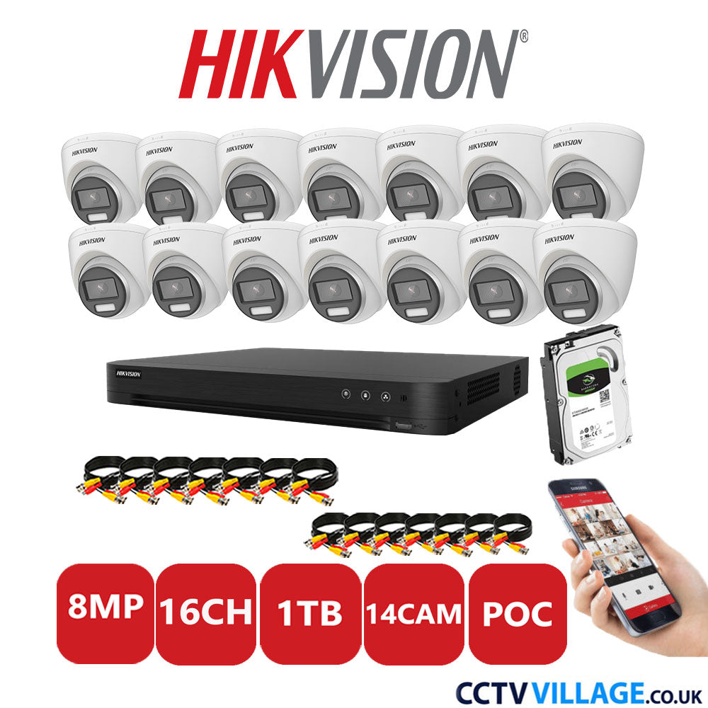 Hikvision 8MP CCTV System 16 Channel DVR-iDS-7216HUHI-M2/S with 14x Turret Cameras DS-2CE72UF3T-E White 1TB HDD Full Kit