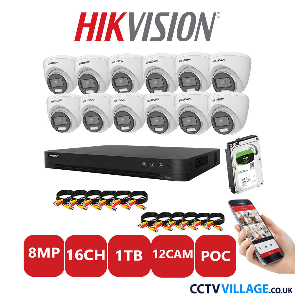 Hikvision 8MP CCTV Kit 16 Channel DVR-iDS-7216HUHI-M2/S with 12x Turret Cameras DS-2CE72UF3T-E White 1TB HDD Full Kit