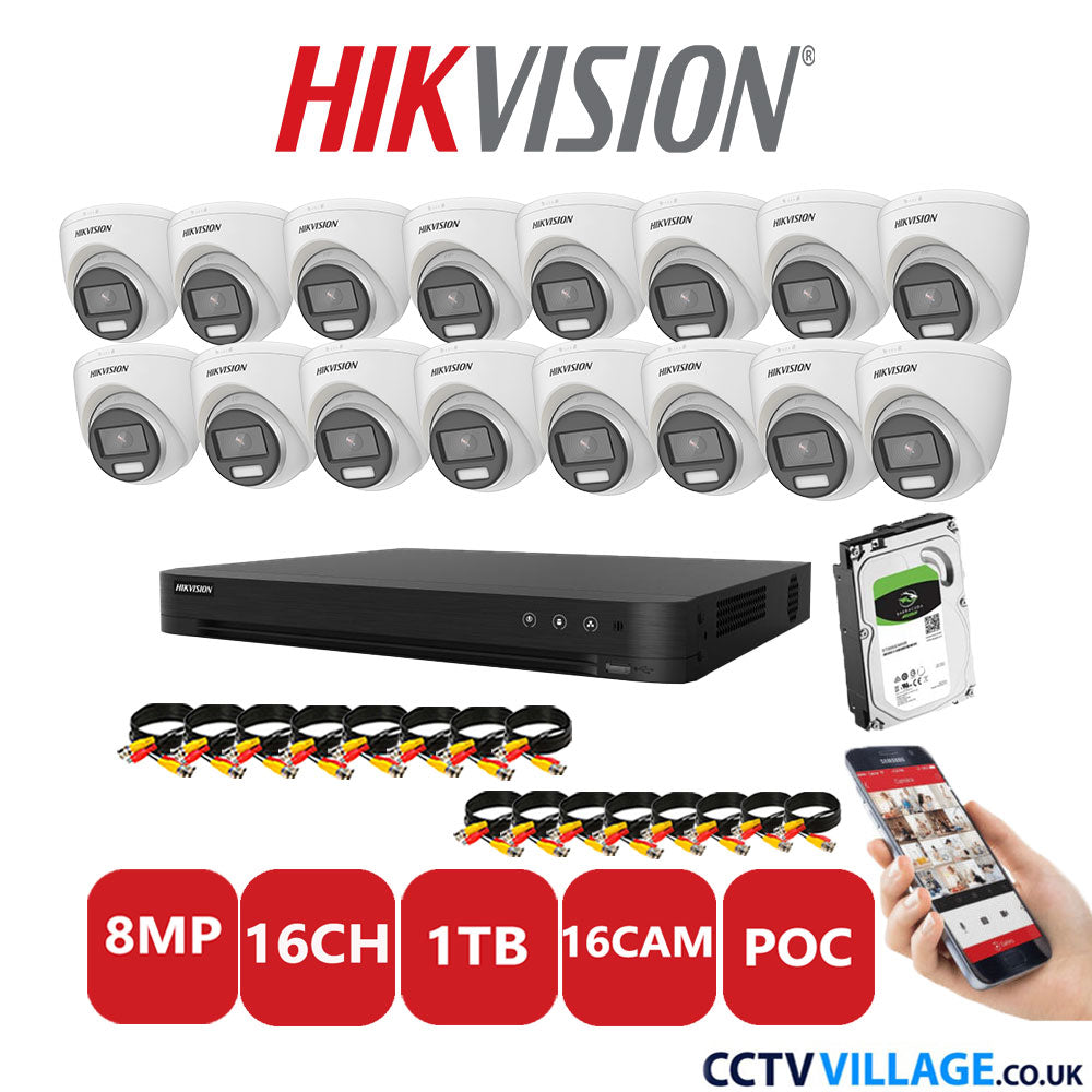 Hikvision 8MP CCTV System 16 Channel DVR-iDS-7216HUHI-M2/S with 16x Turret Cameras DS-2CE72UF3T-E White 1TB HDD Full Kit