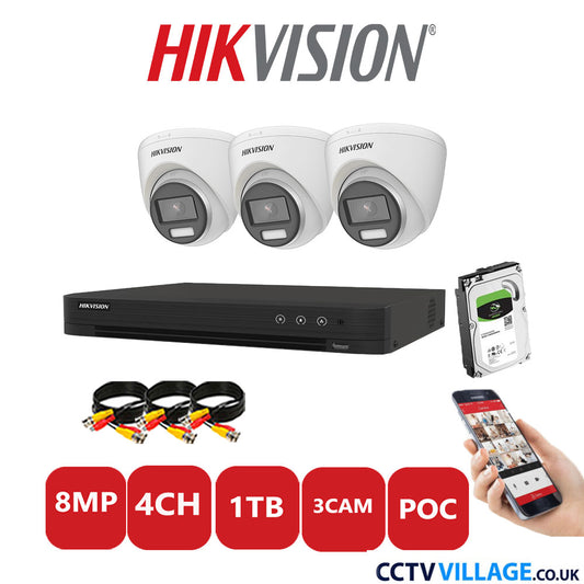 Hikvision 8MP CCTV Kit 4 Channel DVR-iDS-7204HUHI-M1/S with 3x Turret Cameras DS-2CE72UF3T-E White 1TB HDD Full Kit