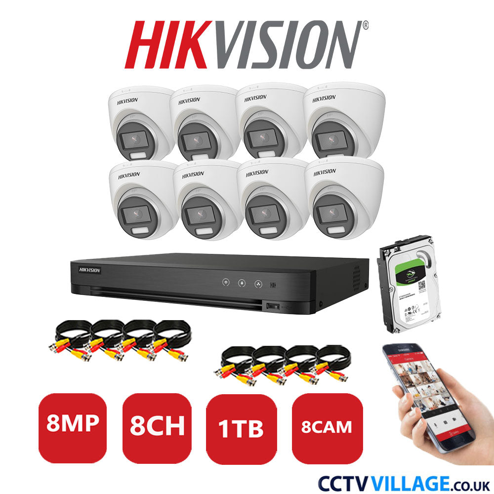 Hikvision 8MP CCTV System 8 Channel DVR-iDS-7208HUHI-M1/S with 8x Turret Cameras DS-2CE72UF3T-E White 1TB HDD Full Kit