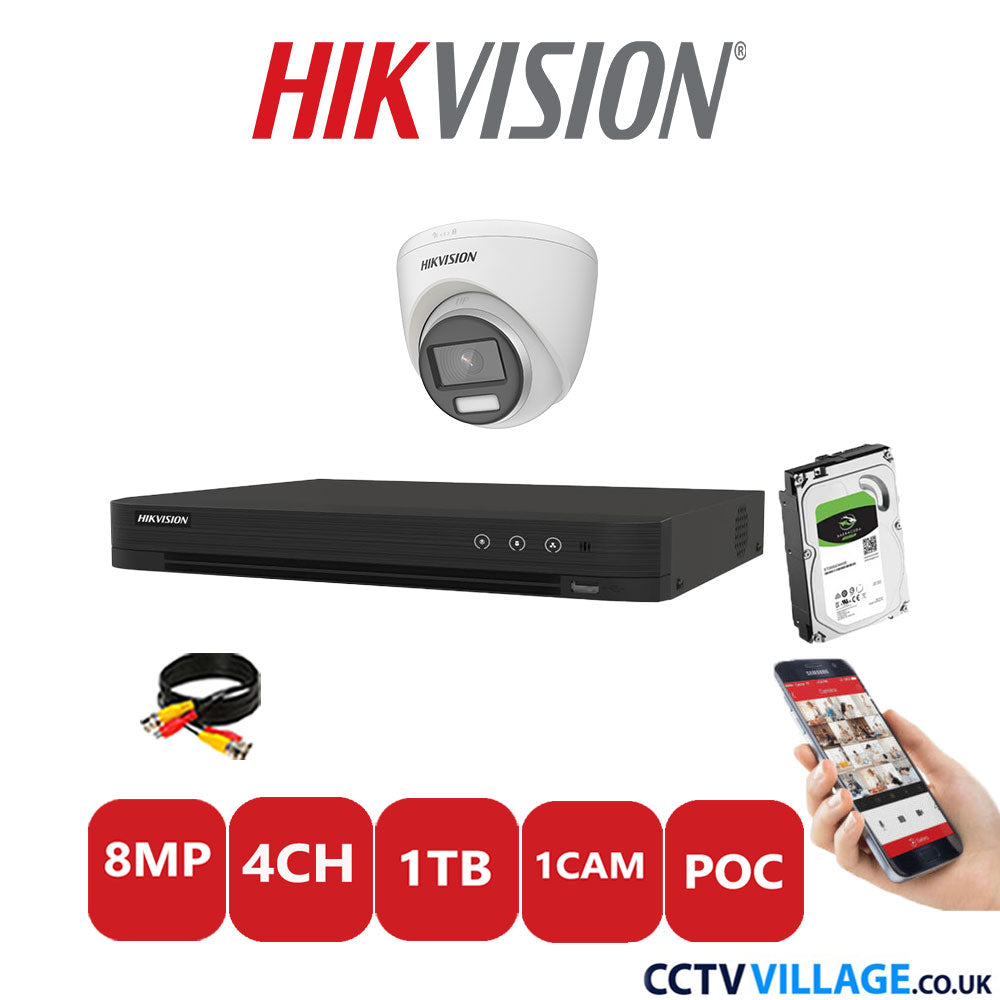 Hikvision 8MP CCTV Kit 4 Channel DVR-iDS-7204HUHI-M1/S with 1x Turret Camera DS-2CE72UF3T-E White 1TB HDD Full Kit