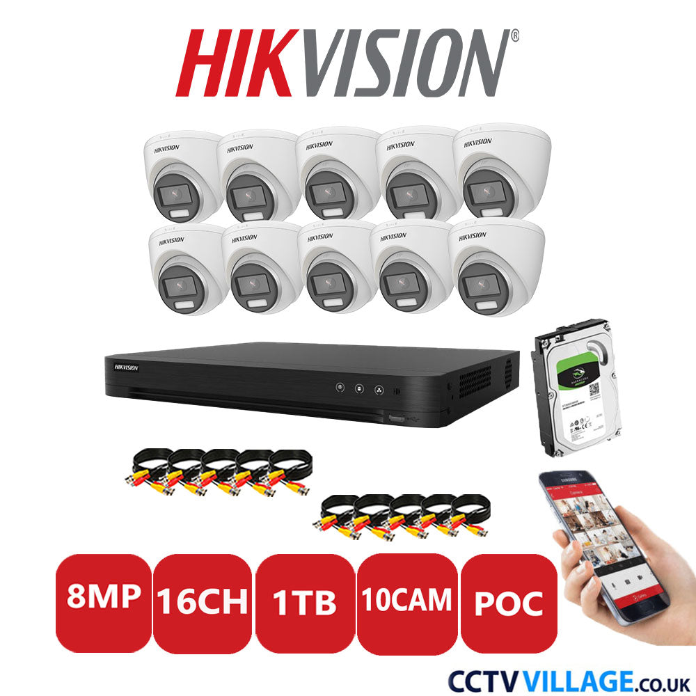 Hikvision 8MP CCTV System 16 Channel DVR-iDS-7216HUHI-M2/S with 10x Turret Cameras DS-2CE72UF3T-E White 1TB HDD Full Kit