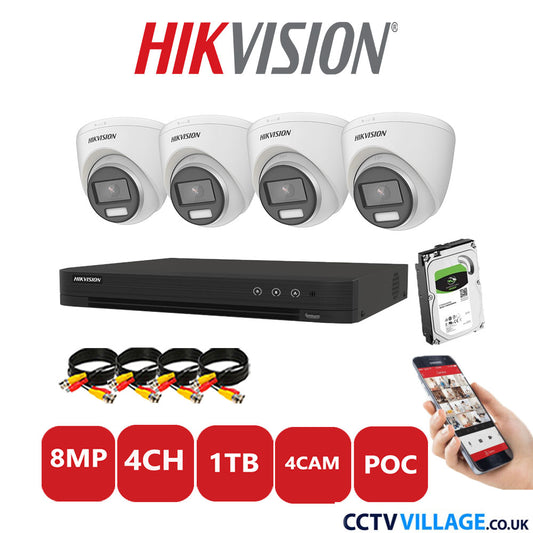 Hikvision 8MP CCTV Kit 4 Channel DVR-iDS-7204HUHI-M1/S with 4x Turret Cameras DS-2CE72UF3T-E White 1TB HDD Full Kit